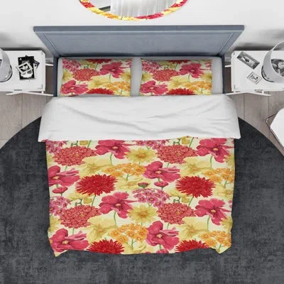 Design Art Red, Pink And Yellow Flowers - Floral Flower Duvet Cover Set - Microfiber Polyester In Red,yellow,gold