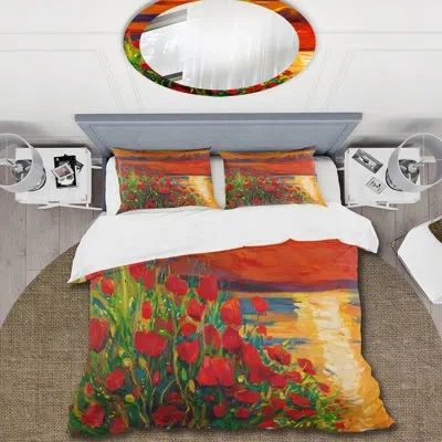 Design Art Red Poppies By The Ocean During Sunset - Nautical & Coastal Duvet Cover Set - Microfiber Polyester In Orange