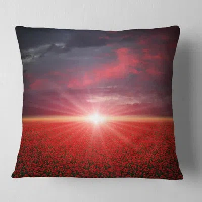 Design Art Red Poppies Field At Sunset Landscape Printed Pillow In Green