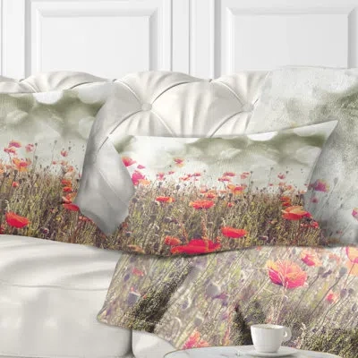 Design Art Red Poppy Flowers Meadow - Floral Printed Throw Pillow