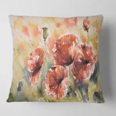 Design Art Red Poppy On A Field - Traditional Printed Pillow In Orange
