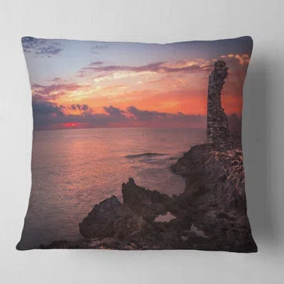 Design Art Red Rocky Beach With Ancient Ruins - Sea & Shore Printed Throw Pillow In Brown;orange