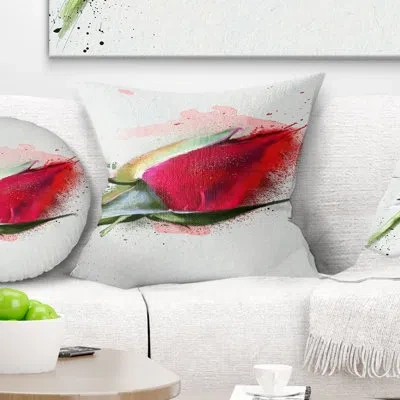 Design Art Red Rose Bud Watercolor Sketch - Floral Printed Throw Pillow In Red;red