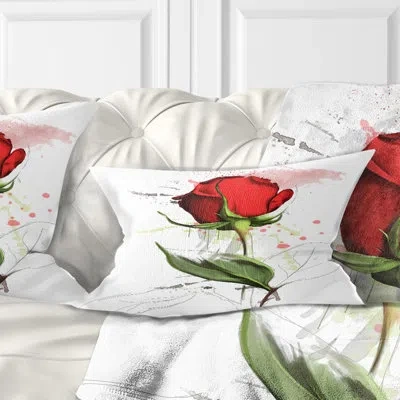 Design Art Red Rose Hand Drawn - Floral Printed Throw Pillow