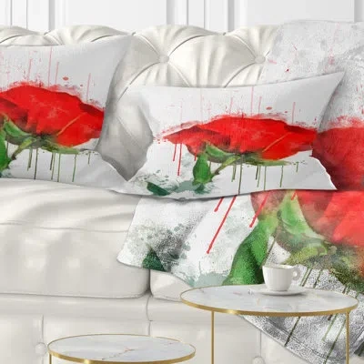 Design Art Red Rose Hand Drawn - Floral Printed Throw Pillow