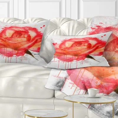 Design Art Red Rose Hand Drawn With Splashes - Floral Printed Throw Pillow