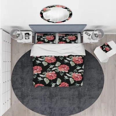 Design Art Red Rose In Black Background - Floral Duvet Cover Set - Microfiber Polyester