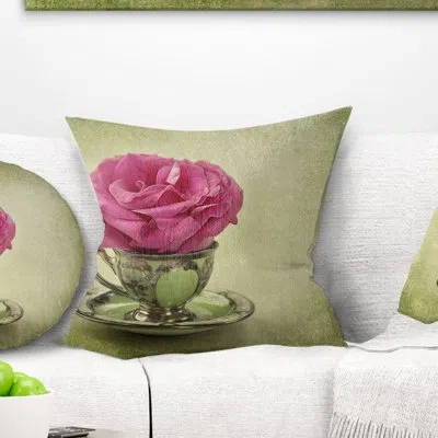 Design Art Red Rose In Cup And Saucer - Floral Printed Pillow