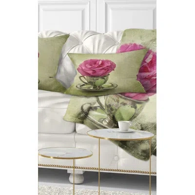 Design Art Red Rose In Cup And Saucer - Floral Printed Throw Pillow