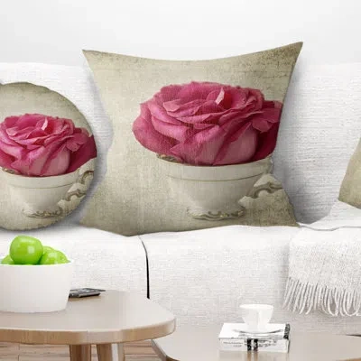 Design Art Red Rose In Cup Photography - Floral Printed Pillow