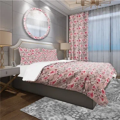 Design Art Red Rose In Pink Background - Floral Duvet Cover Set - Microfiber Polyester