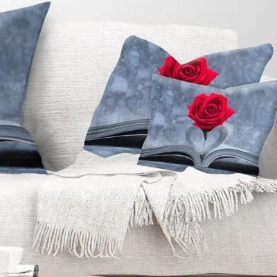 Design Art Red Rose Inside The Book - Rose Inside The Book Floral Pillow