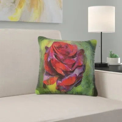 Design Art Red Rose On Green - Floral Printed Pillow In Green;red
