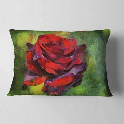 Design Art Red Rose On Green - Floral Printed Throw Pillow In Green;red