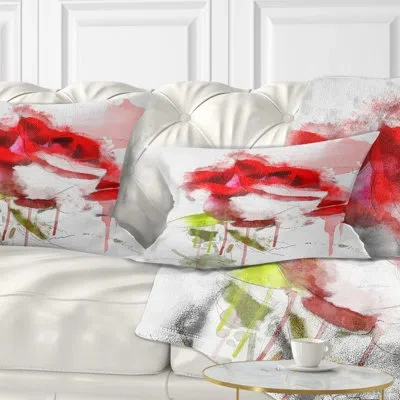 Design Art Red Rose Sketch With Red Splashes - Floral Printed Throw Pillow