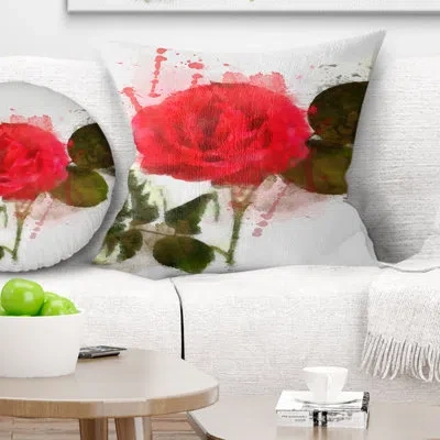 Design Art Red Rose With Green Petals - Floral Printed Pillow In Green;red