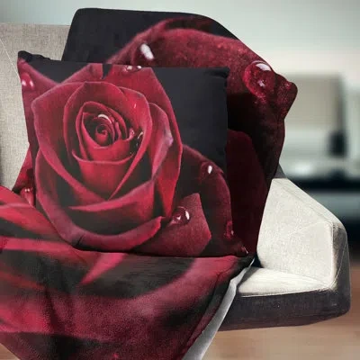 Design Art Red Rose With Raindrops On Black - Floral Printed Pillow In Black;red