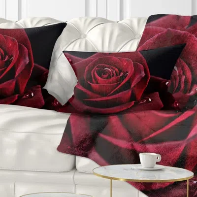 Design Art Red Rose With Raindrops On Black - Floral Printed Throw Pillow