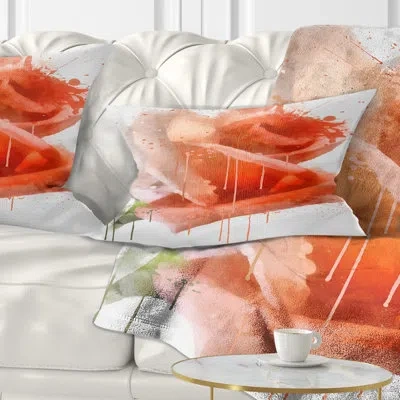 Design Art Red Rose With Splashes - Floral Printed Throw Pillow