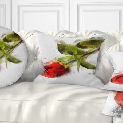 Design Art Red Rose With Stem Drawing - Floral Printed Throw Pillow