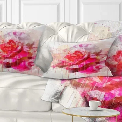Design Art Red Rose With Watercolor Splashes - Floral Printed Throw Pillow