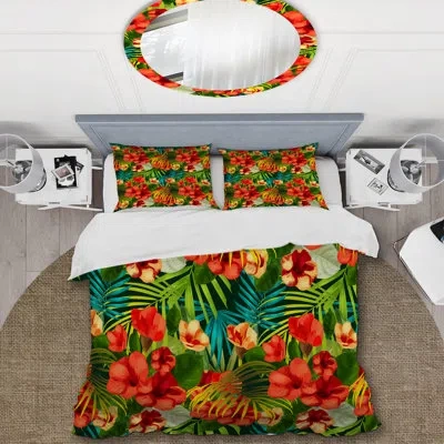 Design Art Red Roses And Green Leaf - Floral Duvet Cover Set - Microfiber Polyester
