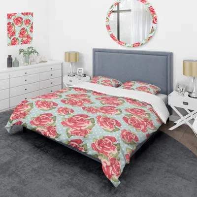 Design Art Red Roses And Green Leaf - Floral Duvet Cover Set - Microfiber Polyester In Red,green