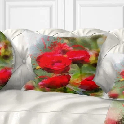 Design Art Red Roses On Green Watercolor - Floral Printed Throw Pillow