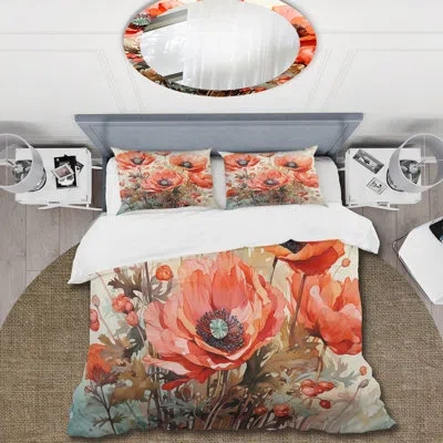 Design Art Red Serene Poppy Meadows I - Poppy Duvet Cover Set In Green;red