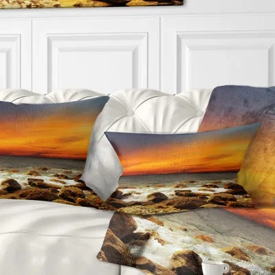 Design Art Red Sky Over Rocky Seashore - Beaches Printed Throw Pillow