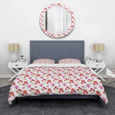 Design Art Red Spring Flowers On White - Traditional Duvet Cover Set - Microfiber Polyester In Red;pink