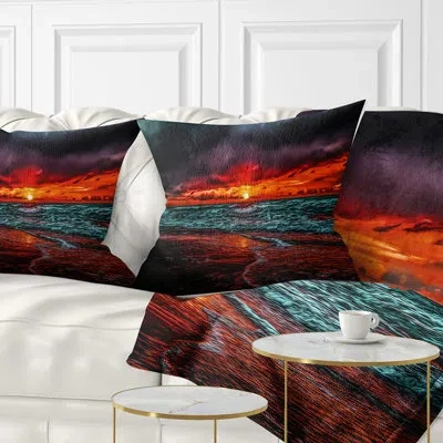 Design Art Red Sunset Over Blue Waters - Sea & Shore Printed Pillow In Blue;red