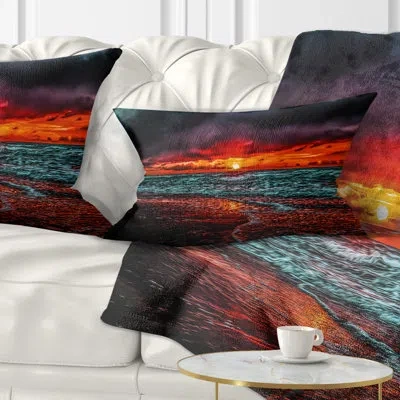 Design Art Red Sunset Over Blue Waters - Sea & Shore Printed Throw Pillow
