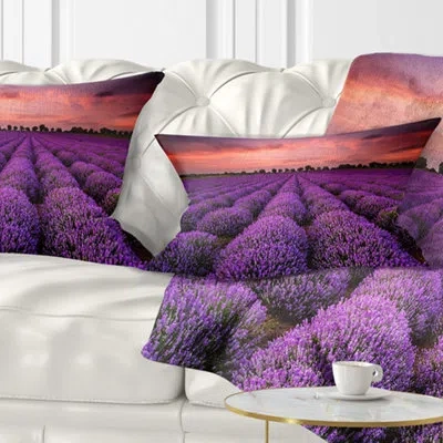 Design Art Red Sunset Over Lavender Field - Landscape Printed Pillow