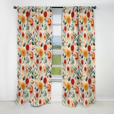 Design Art Red Timeless Garden Flowers - Floral Curtain - Blackout Floral Curtain - 1 Panels In Red;beige