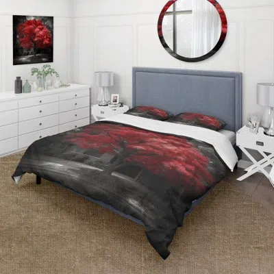 Design Art Red Tree Blossom Haven Ii - Tree Floral Duvet Cover Set - Microfiber Polyester In Gray;red