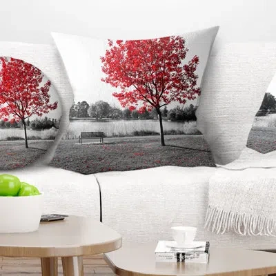 Design Art Red Tree Over Park Bench - Landscape Printed Pillow
