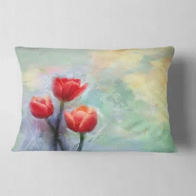Design Art Red Tulips On Light Blue Watercolor - Floral Printed Throw Pillow In Blue;red
