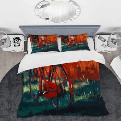 Design Art Red Vintage Bicycle With Bucket - Vintage Duvet Cover Set - Microfiber Polyester In Dark Green,red