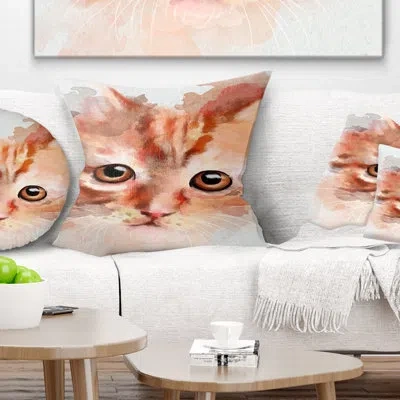 Design Art Red Watercolor Kitten Sketch - Animal Printed Pillow