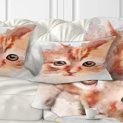 Design Art Red Watercolor Kitten Sketch - Animal Printed Throw Pillow
