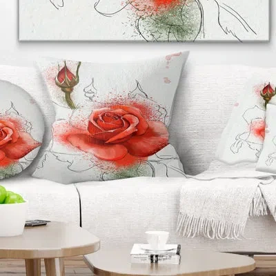 Design Art Red Watercolor Rose Sketch - Floral Printed Pillow