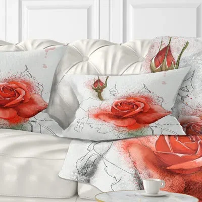 Design Art Red Watercolor Rose Sketch - Floral Printed Throw Pillow