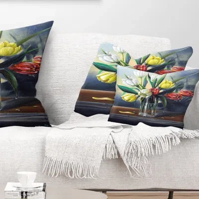 Design Art Red White Yellow Tulips - Floral Printed Throw Pillow