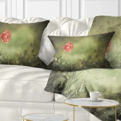Design Art Red Wild Poppy Flower On Green - Floral Printed Throw Pillow