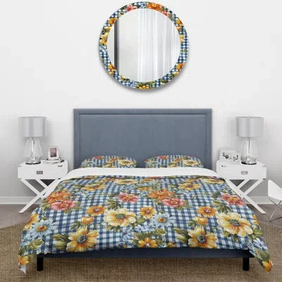 Design Art Red Yellow Floral Gingham Print I - Floral Farmhouse Duvet Cover Set In Red;yellow