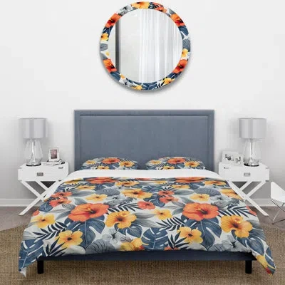 Design Art Red Yellow Midcentury Flower Gardens - Midcentury Flowers Duvet Cover Set In Red;yellow