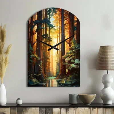 Design Art Redwood Shimmering Tree Heights I - Redwood Asymmetrical Metal Wall Clock, Traditional Arch Wall Clo In Brown;green