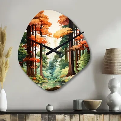 Design Art Redwood Shimmering Tree Heights Iii - Redwood Asymmetrical Metal Wall Clock, Green Unique Shape Cloc In Brown;green