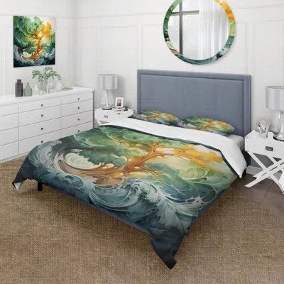Design Art Redwood Tree Symphony Of Green Orange Beddingmicrofiber / Polyester Duvet Cover Set In Red;orange